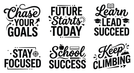 Set of six inspirational education and success quotes featuring typography designs for tshirt prints posters school supplies and motivational wall art decorations © Minara