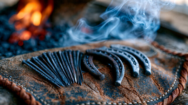 Farrier's close-up of horseshoe nails fanned across scarred leather apron, smoke still rising from freshly fitted shoe in background, traditional equine trade, blacksmithing craft agriculture .ultra