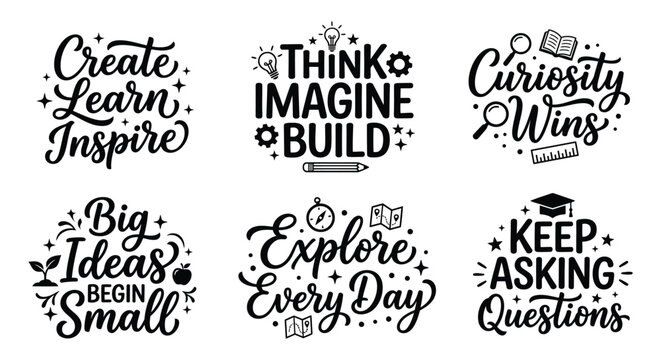 Set of six inspirational education typography quotes with handdrawn elements like lightbulbs gears and books for creative learning and design projects