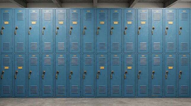 Rows of vintage blue metal school lockers in hallway providing storage for students in educational institution setting.