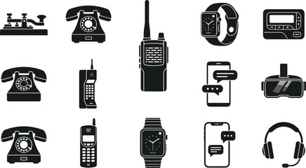 History of Communication Technology Black Silhouette Icon Set Featuring Telegraph Morse Key, Vintage Rotary Telephones, Walkie Talkie, Smartphones, Smartwatches, and VR Headsets © MdJaynal
