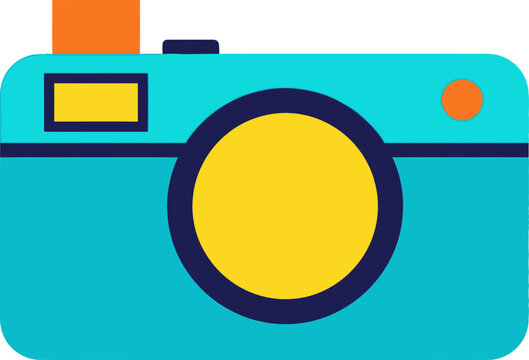 Retro camera illustration with flat design style, teal body, yellow lens, orange flash.