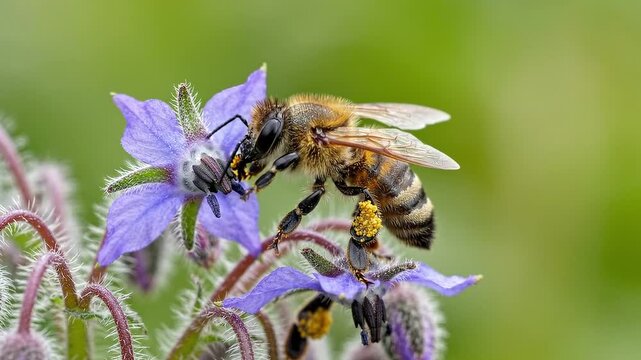 Honeybee pollinating purple borage flower in soft natural daylight with shallow depth of field