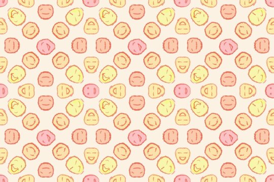Seamless pattern of smiley faces in various colors, suitable for wrapping paper, wallpaper, or creative design backgrounds. 