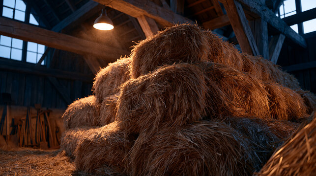 Wide establishing shot of a harvest preparation barn interior at dawn, wooden hay bales stacked in rows, a single hanging work lamp illuminating dust particles, heavy timber beams above, farm tools 