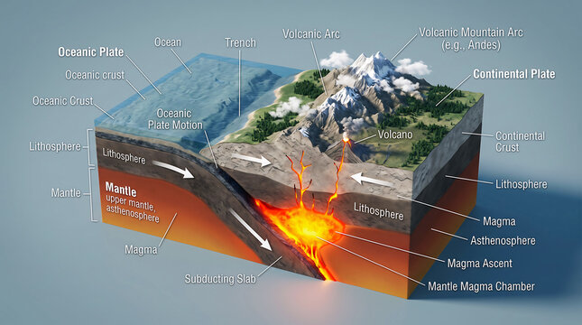 Tectonic plate subduction zone geological cross section diagram