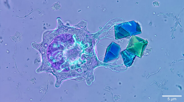 Microscopic view of phagocytic cell engulfing particles with particle