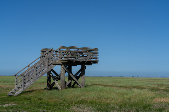 Wooden observation tower on a grassy marshland at Hallig langene&szlig;