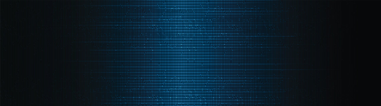 Panoramic layered blue circuit grid on dark digital technology background, vector.