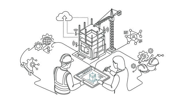 Architects and engineers working with BIM technology on a digital construction project