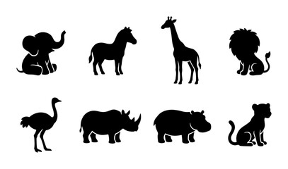 African Safari Animal Silhouettes: Elephant, Zebra, Giraffe, Lion, Ostrich, Rhino, Hippo, Cub © Imran