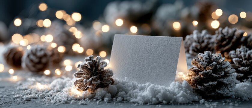 Mockup banner, purely blank white poster sitting on snow, surrounded by softly blurred glowing Christmas lights and frosted pinecones, commercial product background