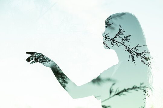 Double exposure woman silhouette with tree branch overlay
