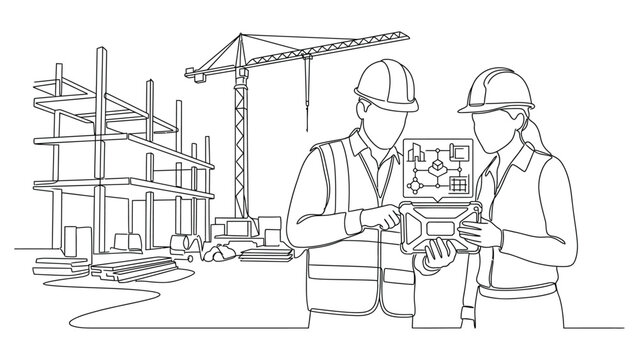 Two professional construction engineers analyzing building plans on a digital tablet