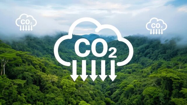 A graphic representation of CO2 absorption over a lush green forest landscape.