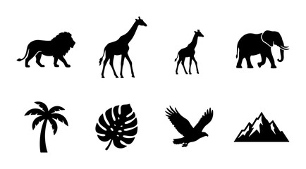 Fototapeta premium African Safari Wildlife Silhouettes: Lion, Giraffe, Elephant, Eagle, Palm Tree, Mountains