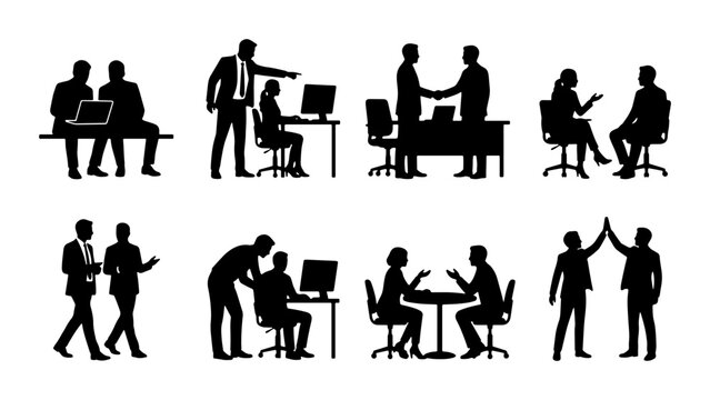 Business Meeting Silhouettes, Collaboration Icons, Office Teamwork Graphics, Professional People Set