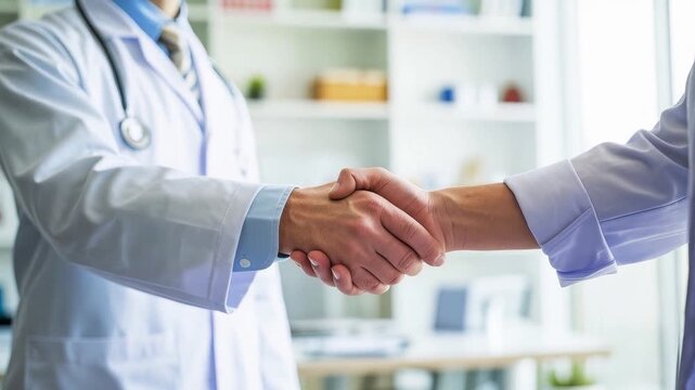A doctor and a patient shaking hands in a modern medical office setting.
