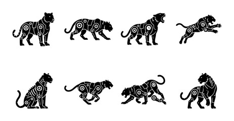 Naklejka premium Black Panther Silhouettes, Majestic Feline Poses, Elegant Wild Animal Vector Set
