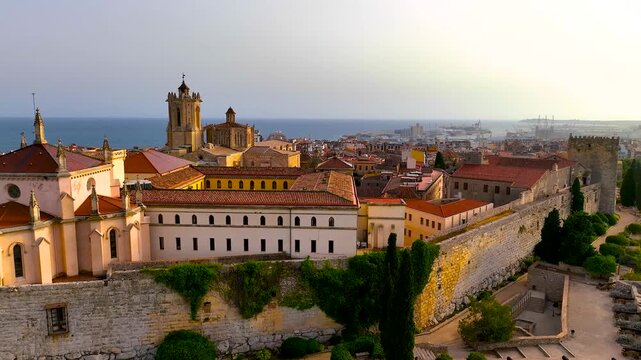 Aerial view of the Primatial Cathedral of Tarragona, a Roman Catholic church in Tarragona, Catalonia, Spain