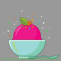 Vibrant pink sorbet scoop in a mint green bowl, refreshing fruit ice cream with mint leaf and berry garnish, flat vector illustration © md