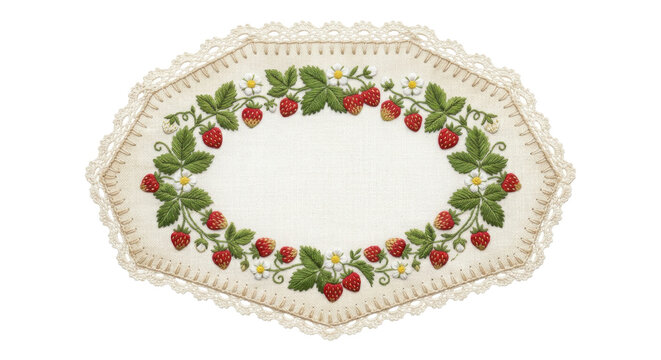 Embroidered Strawberry Doily on Transparent background
