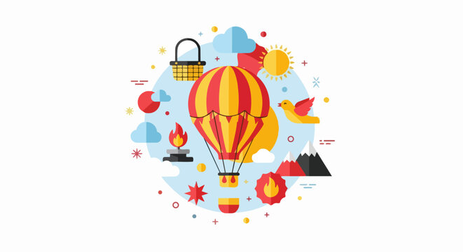 Flat Vector Illustration of a Colorful Hot Air Balloon Adventure with Mountains, Clouds, and Bird Icons in a Circular Design