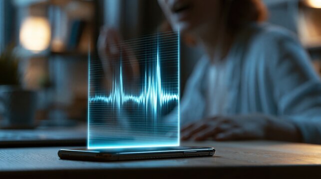Glowing voice waveform hologram rising from a smartphone on a table, voice assistant and speech recognition technology concept