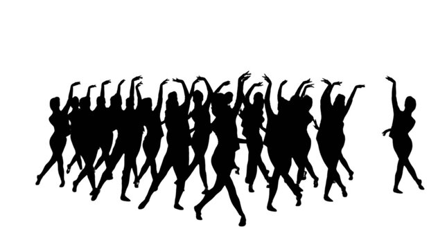 Silhouette crowd dancing together outdoors isolated on transparent background