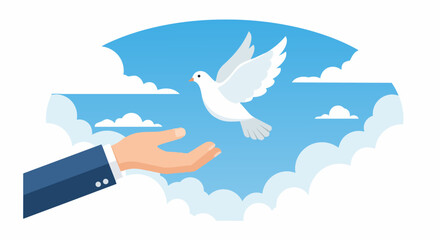 Naklejka premium Businessman hand releasing white dove into blue sky, flat vector illustration representing peace, freedom, hope, and global harmony.