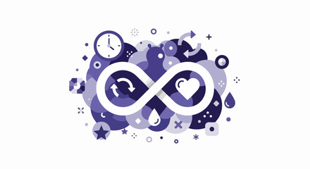 Fototapeta premium Infinity Symbol Illustration with Icons for Love Time and Sustainability in Purple Flat Vector Design