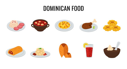 Traditional Dominican Food Icons Set with Colorful Dishes and Ingredients Illustration © zyaa