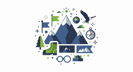 Obraz premium Mountain Adventure and Outdoor Exploration Flat Vector Illustration Circle Composition