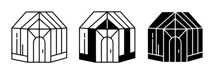 Greenhouse Icons Set, Geometric Structure, Garden Building Vector Graphics © Hamas34