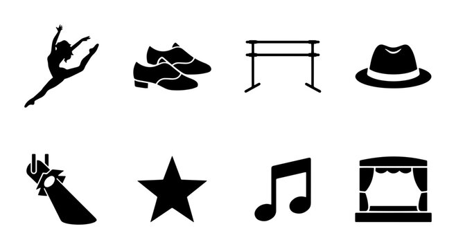 Performance Icons: Ballet Dancer, Tap Shoes, Stage Barre, Fedora, Spotlight, Star, Music Note, Theater