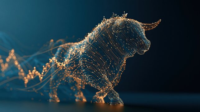 Powerful bull silhouette formed of glowing upward stock chart lines, bull market and rising economy concept on dark background