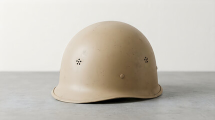 Fototapeta premium Military Helmet on Plain Surface in Neutral Setting