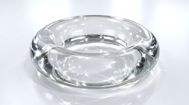 A shiny glass ashtray sits on a reflective white surface indoors.