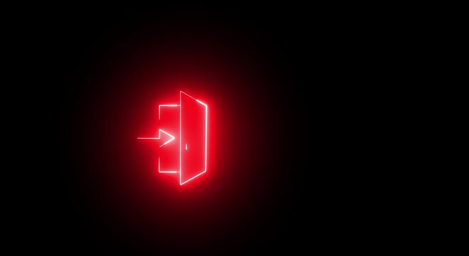 Glowing neon red exit door sign for emergency safety an line art of an open doorway with arrow, representing