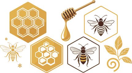 Honey and Bee Icon Vector Set Featuring Hexagonal Honeycomb Patterns Wooden Dipper with Syrup Drop Organic Leaves and Detailed Honeybee Labels for Product Branding © SARIFA
