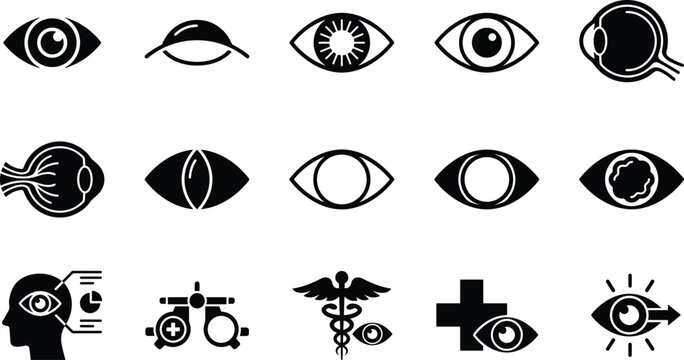 Set of diverse medical eye icons and symbols for health and vision