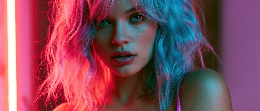 Model girl, colorful dyed hair fashion, bright neon lighting