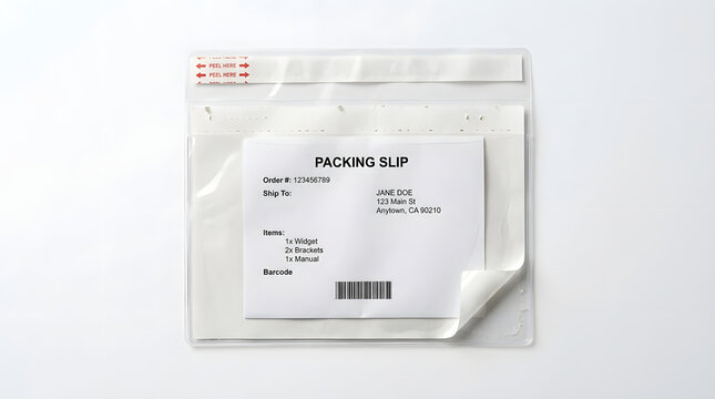A close-up photo of a packing slip document in a plastic bag on a white surface.