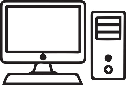Minimalist desktop computer vector icon, black line art workstation with monitor and cpu tower, professional office hardware illustration