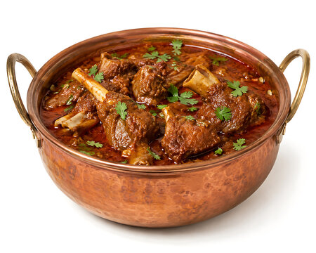 Mutton curry in a copper pot  rich spicy gravy with tender meat pieces  garnished with coriander