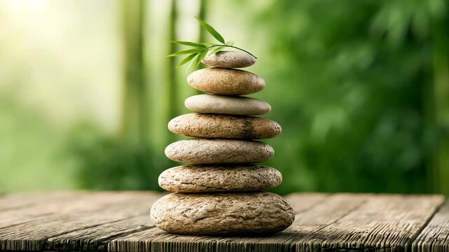 Stacked balanced zen stones on a wooden surface