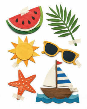 Summer vacation elements collage watermelon sun boat sunglasses starfish palm leaf isolated on transparent background