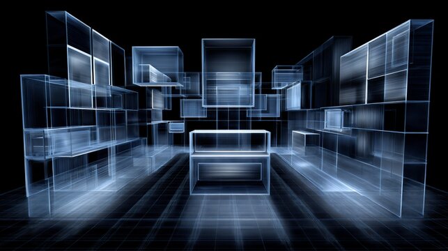 Futuristic architectural interior wireframe made of glowing glass boxes virtual reality exhibition showroom stand background