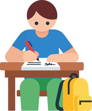 Child writing at desk with backpack, education and learning concept