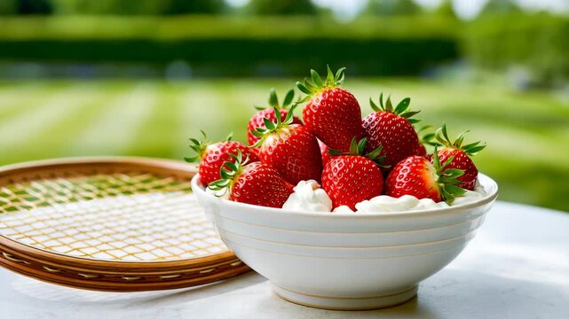 Tennis racket with strawberries and cream in a garden